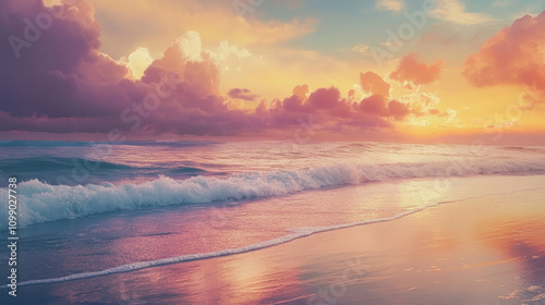 A serene beach, where the waves mirror the bursts of color in the sky. 