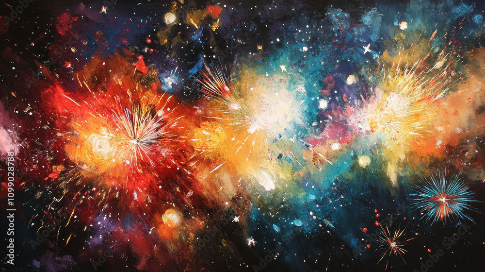 Fototapeta premium As midnight approaches, the sky becomes a canvas of wonder. Fireworks explode in bursts of vibrant colors--reds, golds, blues, and greens--painting the heavens with fleeting brilliance. 