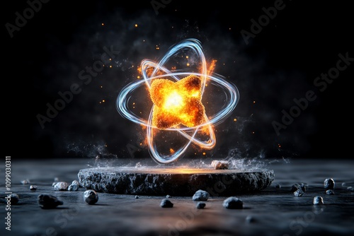 A depiction of an atom splitting in a nuclear fission process, with dramatic light and particle trails