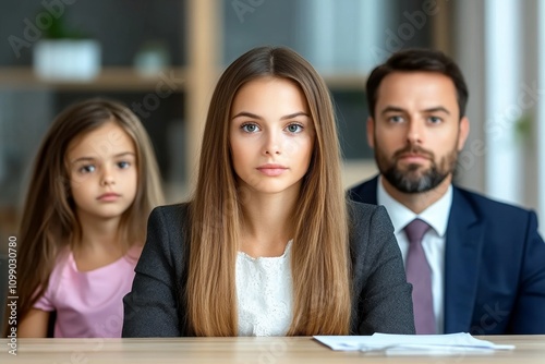 A family attorney mediating between two parents during a custody agreement discussion in an office photo