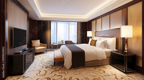 3d rendering beautiful comtemporary luxury bedroom suite in hotel with tv. Postmodern. Illustration photo