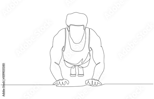 Continuous one line drawing of man doing plank exercise from front view, fitness training concept, single line art.