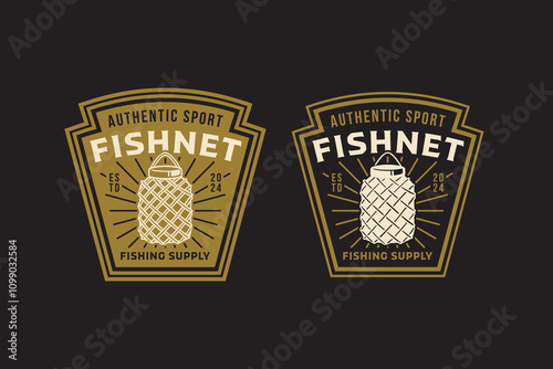 fishing net, fishing trap, fishing basket tool retro badge logo design set. trap with rope for capture hanging fisherman vintage emblem logo collection for fisherman, fishing gear, sport, competition
