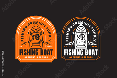 fishing boat with paddle, shipboard with oar retro badge logo design set. wooden vessel with pedal vintage emblem logo collection for fisherman, fishing gear, sport and competition
