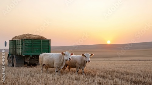 agriculture livestock yield concept, A serene rural scene at sunset, featuring cows near a green tractor loaded with wheat in a golden, expansive field. photo