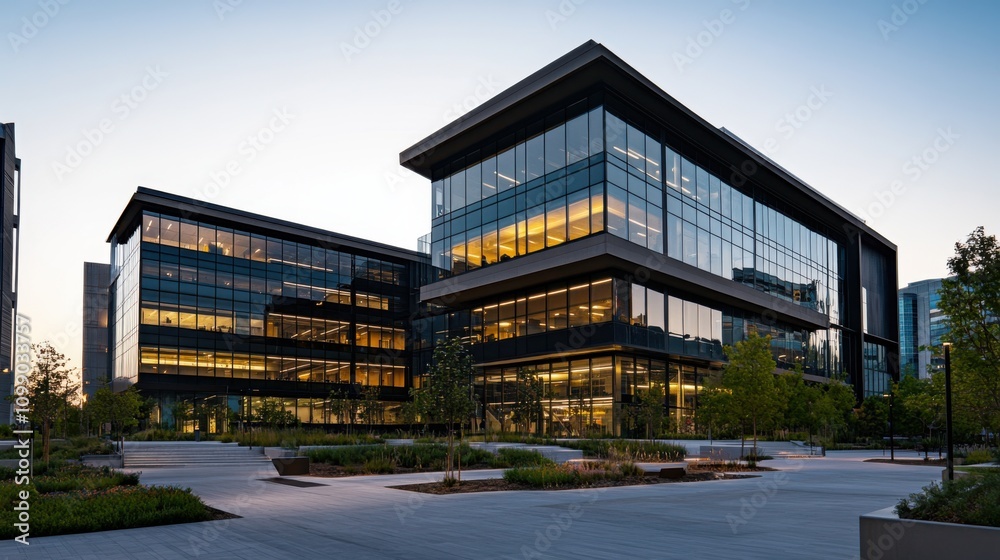 Obraz premium Modern Office Building with Glass Facade at Dusk