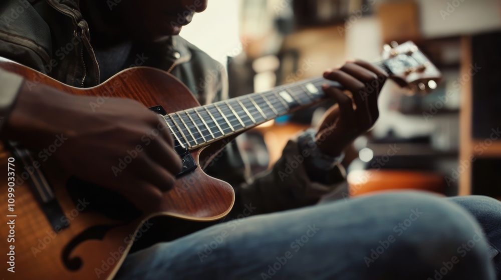 Fototapeta premium A close-up of a person playing an acoustic guitar, showcasing their fingers on the strings in a cozy indoor setting.