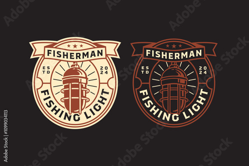 fishing light, fisherman lamp retro badge logo design set. fishing sign, fishery tube vintage emblem logo collection for fisherman, fishing gear, sport and competition