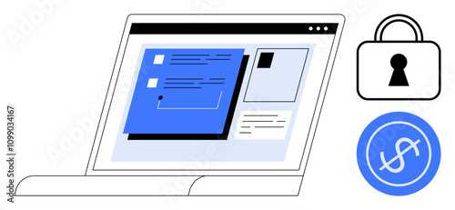 Laptop displaying secure online form next to padlock and secured transaction icon. Ideal for cybersecurity, e-commerce, online banking, data protection, digital privacy, secure software, internet