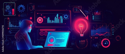  Analyzing ROI and Business Strategy Concepts. Businessman working on a laptop with various digital icons representing ROI, financial strategies, return on investment, and efficiency. marketing plan,  photo