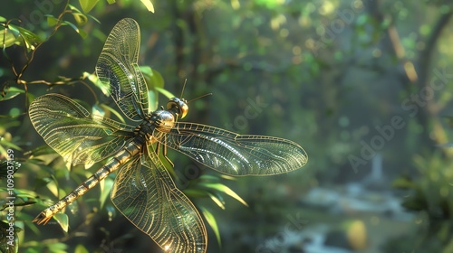 A dragonfly with translucent wings perched on a green leaf in a forest. photo