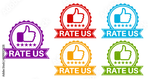 set collections colourful trendy rate us icon. giving rating Sign label sticker design template vector illustration