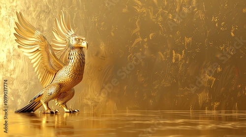 A golden griffin stands on a golden surface with a golden background. photo