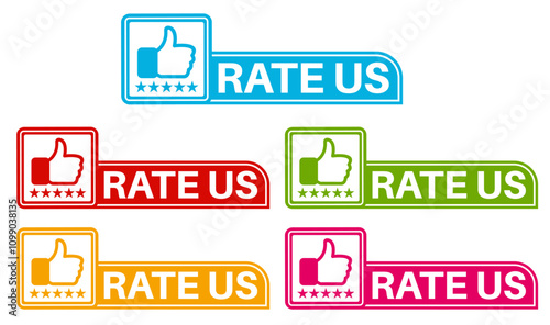 set collections colourful trendy rate us icon. giving rating Sign label sticker design template vector illustration