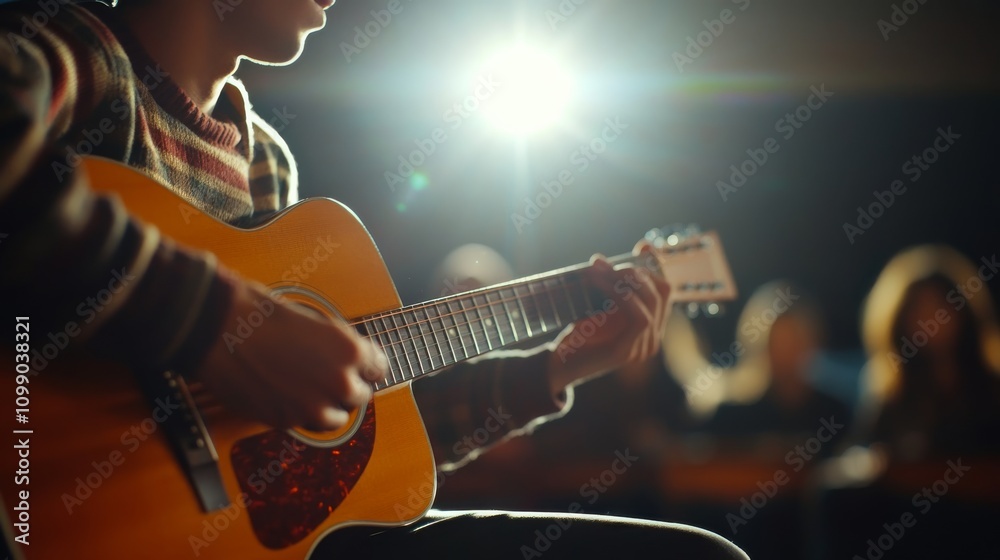 Obraz premium A musician plays an acoustic guitar on stage, illuminated by bright lights, with an audience in the background enjoying the performance.