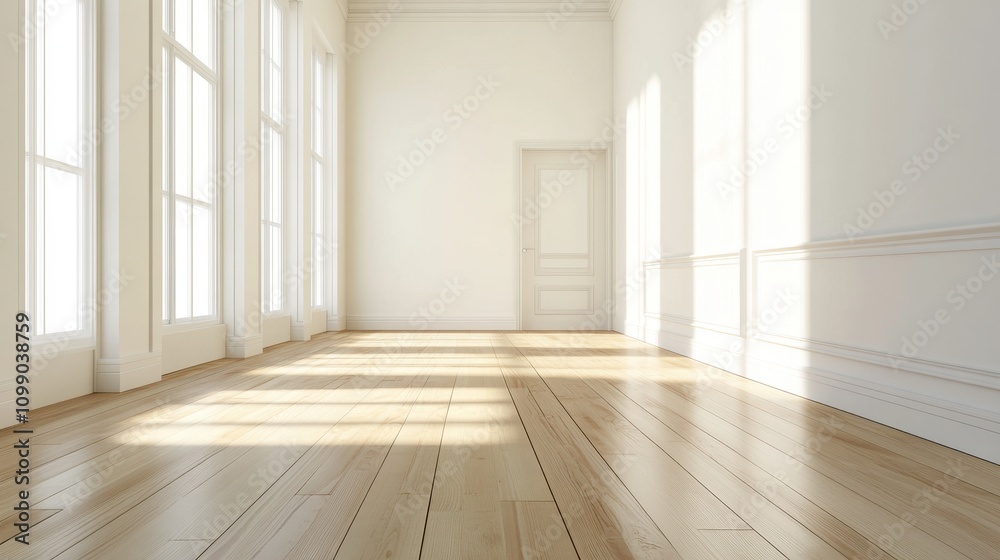 Fototapeta premium A bright, empty room with wooden flooring and large windows, inviting natural light.