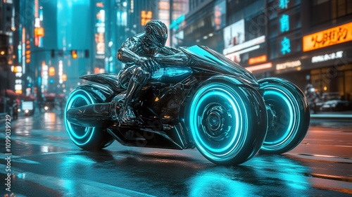 Futuristic Robot Riding a Sleek Cyberpunk Motorcycle photo