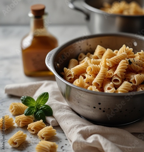 Closeup of cooked pasta in a metal colander and items on a white marble surface. Ai generate

