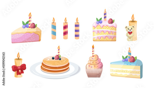 Flat style set of cute birthday party desserts and candles