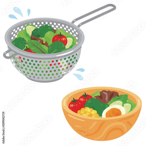 ザルで水切りされる野菜とボウルに盛られたサラダ