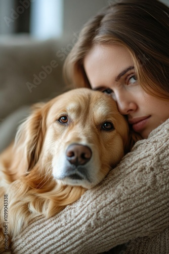 Woman hugs dog on couch photo