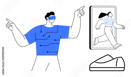 Person using VR headset interacts with a digital avatar and tech-enhanced shoe device. Ideal for virtual reality, digital innovation, gaming, technology integration, future tech, augmented reality