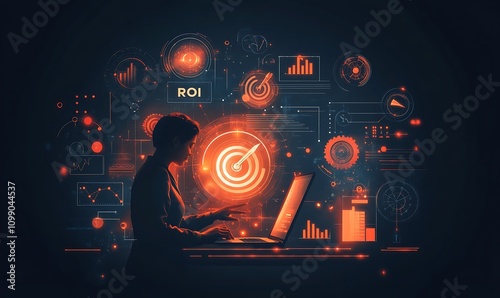  Analyzing ROI and Business Strategy Concepts. Businessman working on a laptop with various digital icons representing ROI, financial strategies, return on investment, and efficiency. marketing plan,  photo