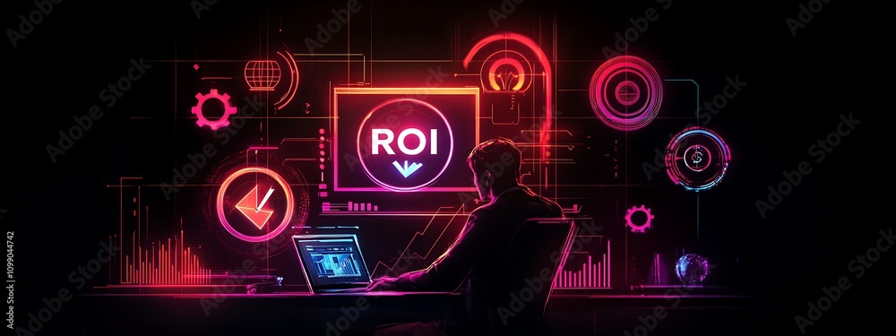 Obraz premium Analyzing ROI and Business Strategy Concepts. Businessman working on a laptop with various digital icons representing ROI, financial strategies, return on investment, and efficiency. marketing plan, 