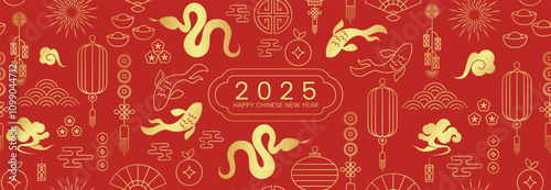 Happy Chinese New Year 2025 Patterns background vector. Lanterns, snake, fish, fan, cloud, coin, flower, wave, firework isolated icons of Asian Lunar New Year holiday decoration vector.