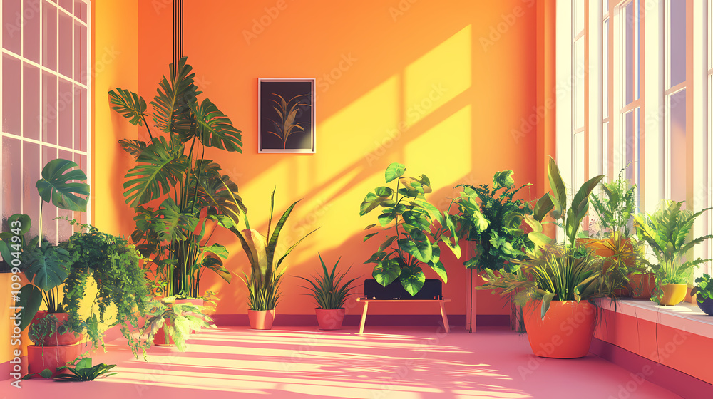 Fototapeta premium Generative ai, memphis postmodern style interior with many plants, vibrant colors room. Postmodern. Illustration