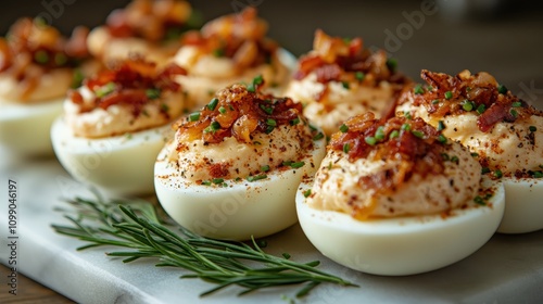 Deliciously Styled Deviled Eggs Topped with Crispy Bacon, Fresh Chives, and Paprika on a Marble Serving Board in a Rustic Setting