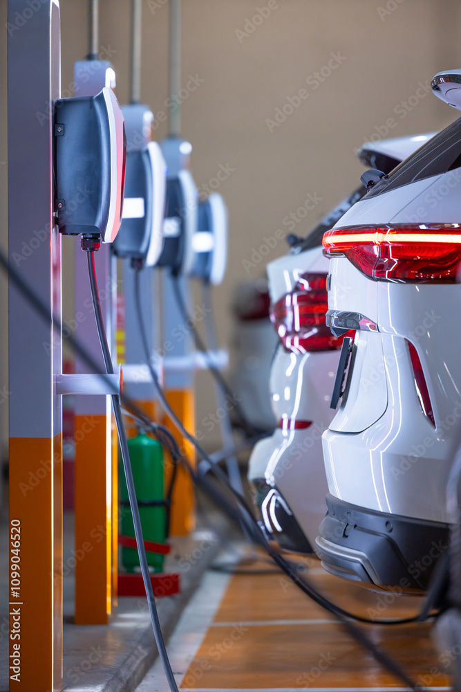 EV charger and electric car, Electric car charger station for charge ev battery, Plug for vehicle with electric engine, EV charger clean energy, Charging point at car parking lot department store.