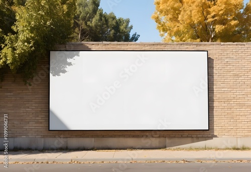 Empty billboard providing advertising space on a brick wall by a street with trees, perfect for showcasing marketing campaigns