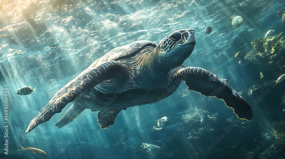 Obraz premium A green sea turtle swims through clear blue water with sunlight streaming through the surface.