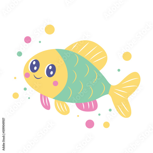 Foto Cute Colorful Fish Cartoon Character Swimming in the Sea with Smiling Expression