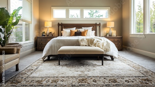 An inviting bedroom showcasing a soft area rug complementing the decor.  photo