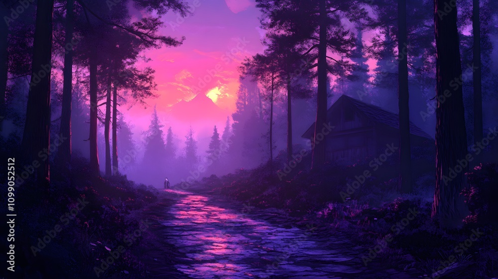 Fototapeta premium A serene twilight scene with a figure walking along a misty forest path.