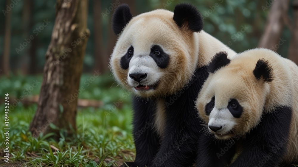 Fototapeta premium Two giant pandas, one adult and one cub, in a lush green forest.