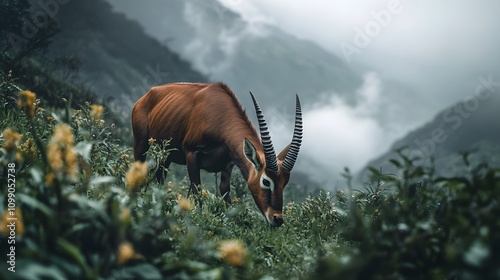 A red-brown antelope with long, curved horns grazes in a lush green field surrounded by misty mountains. photo