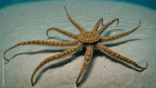 Common brittle star (Ophiothrix fragilis) crawls along the sandy bottom in shallow water. photo