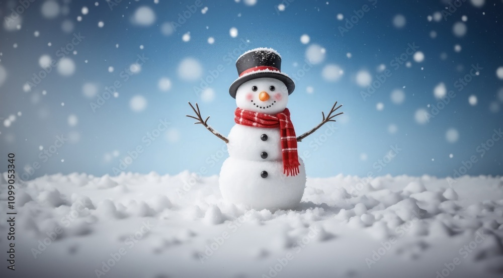 Fototapeta premium Winter greeting card. Happy Snowman. Snowman for Christmas and New Year. winter snowy forest. Winter holidays. Christmas theme.