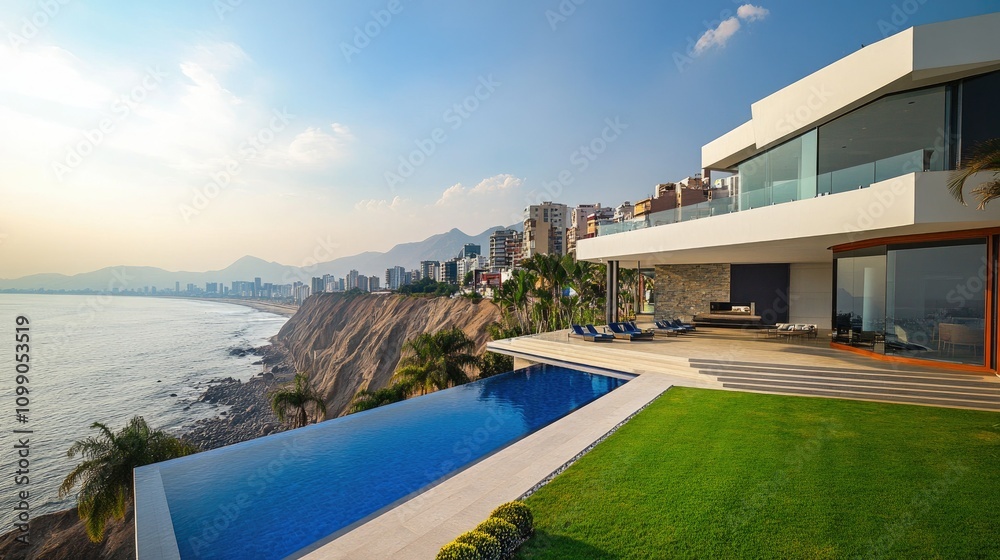 Fototapeta premium Modern luxury villa with infinity pool overlooking coastal skyline