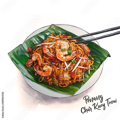 Asia or Malaysian Food Char Kuey Teow, a stir-fried rice noodle with shirmp