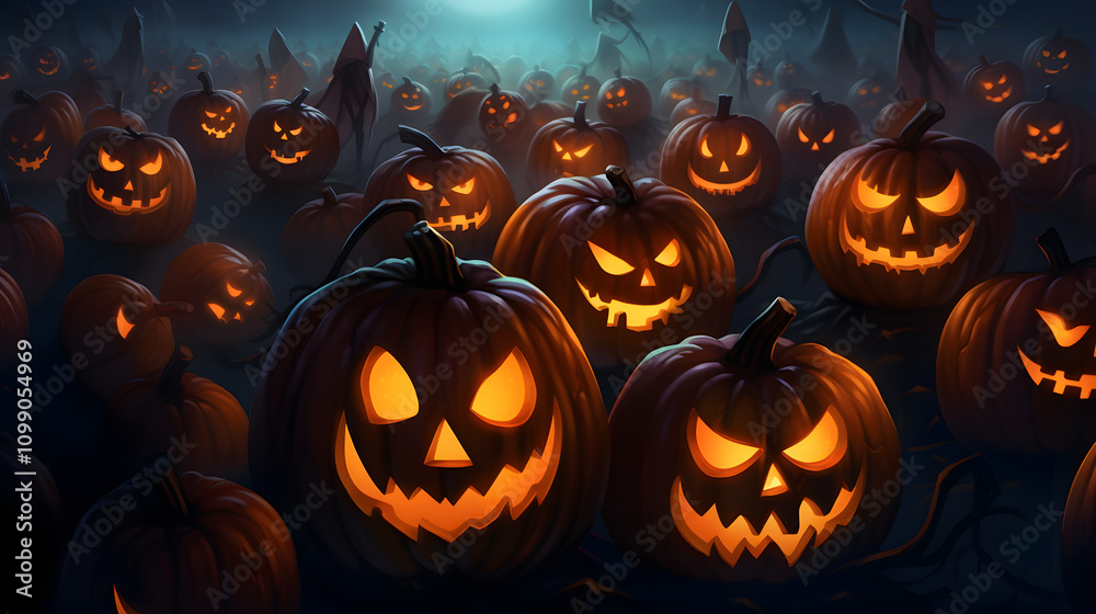 Fototapeta premium a bunch of halloween pumpkins sitting in the middle of a cemetery
