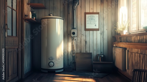 Rustic room with water heater.