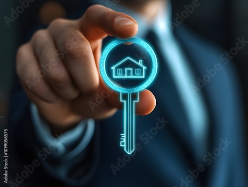 A person in a suit holds a futuristic key with a house icon, symbolizing real estate and innovative home solutions.