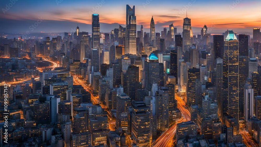 Obraz premium Aerial View of a Vibrant Cityscape at Twilight, Illuminated Skyscrapers, Urban Landscape, Traffic Lights