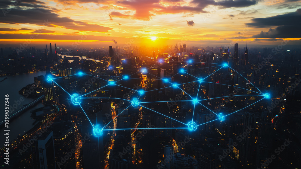 Fototapeta premium Smart digital Innovation city with connection network reciprocity over the sunset cityscape. of future wireless digital city and social media networking systems that connects people with in city