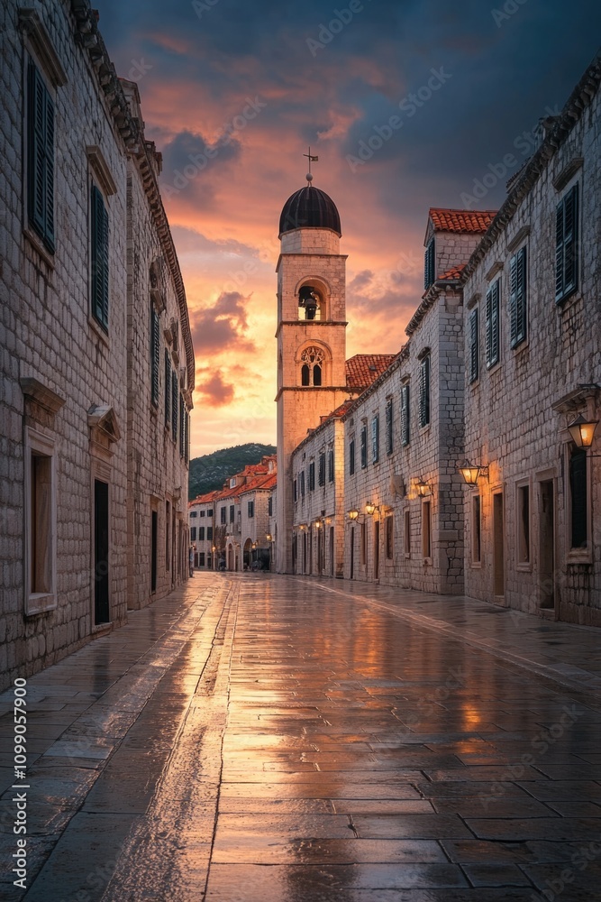 Fototapeta premium Abandoned Street with Clock Tower