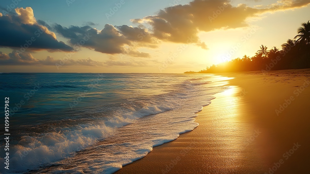 Naklejka premium Stunning sunset over a tranquil beach with golden waves and clouds.
